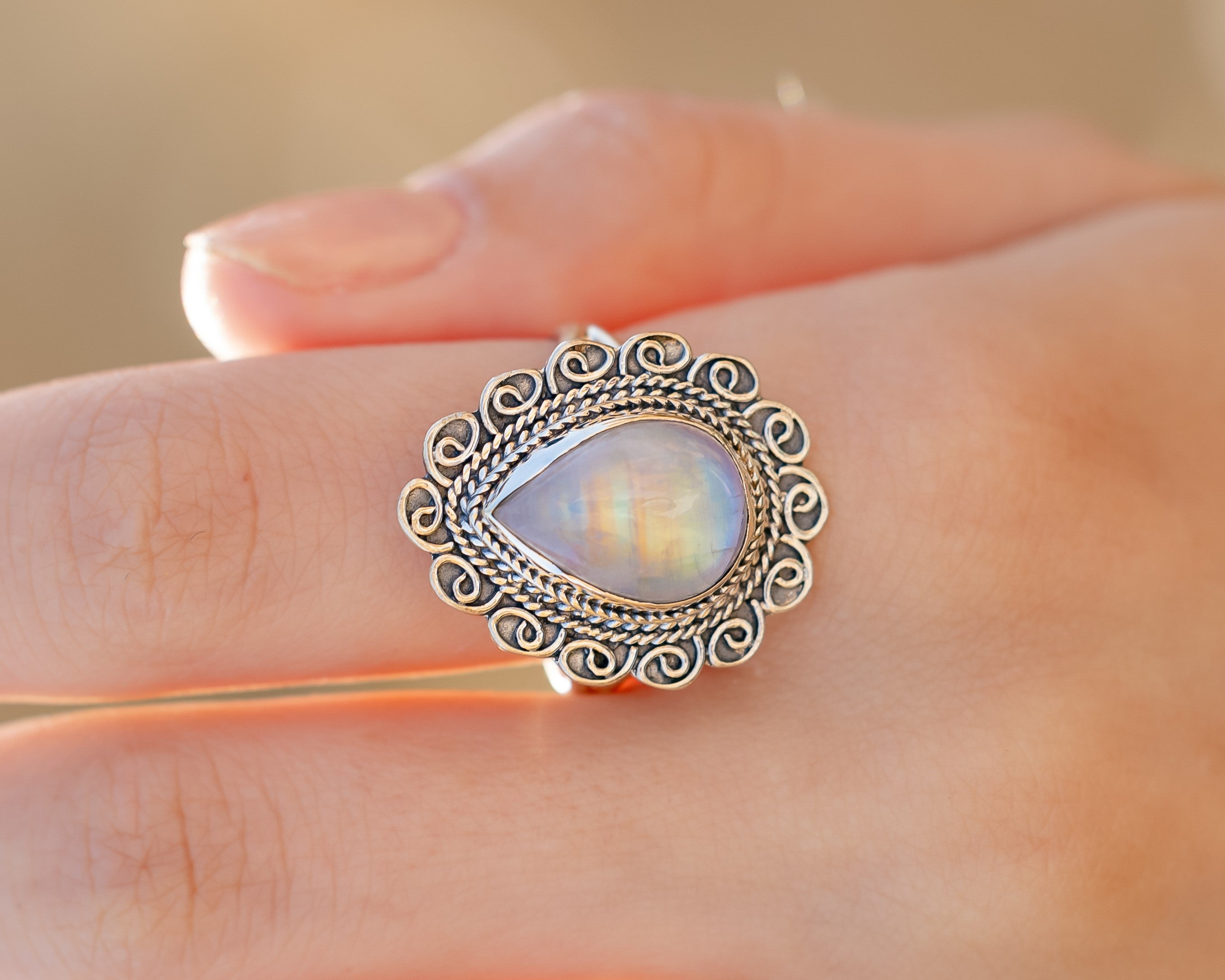 Rainbow moonstone handcrafted silver 925 ring