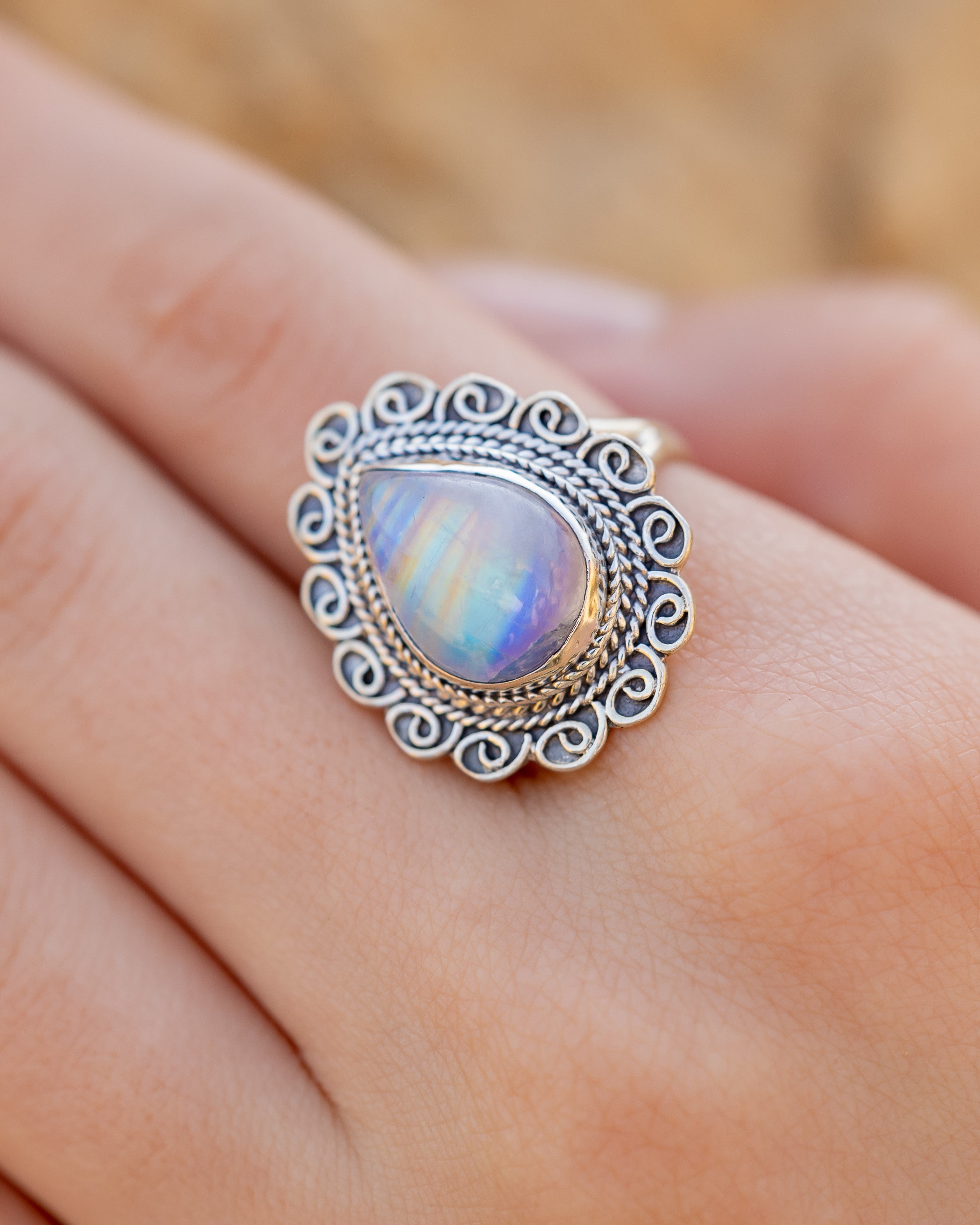 Rainbow moonstone handcrafted silver 925 ring