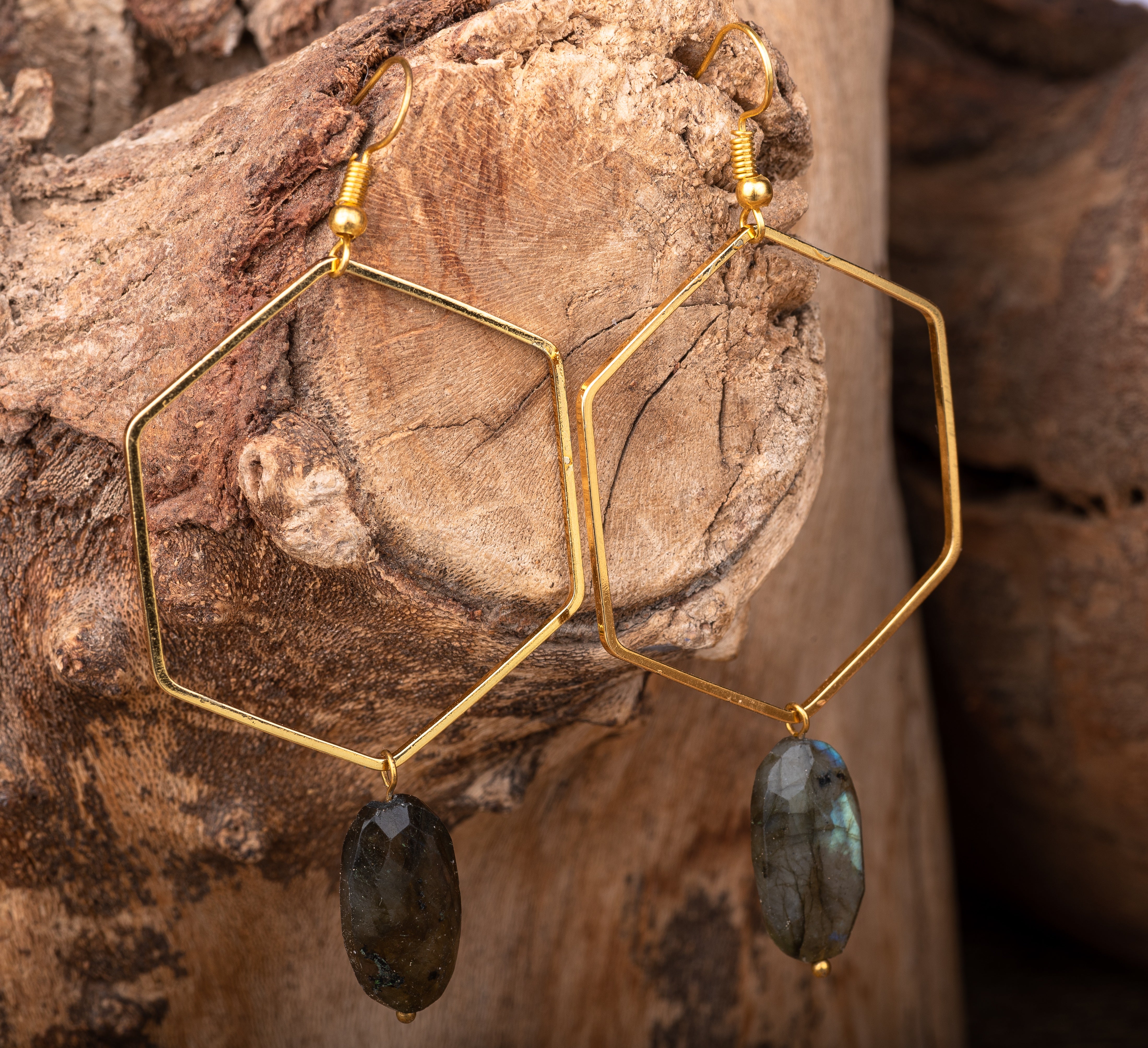 Labradorite hexagonal gold plated earrings.