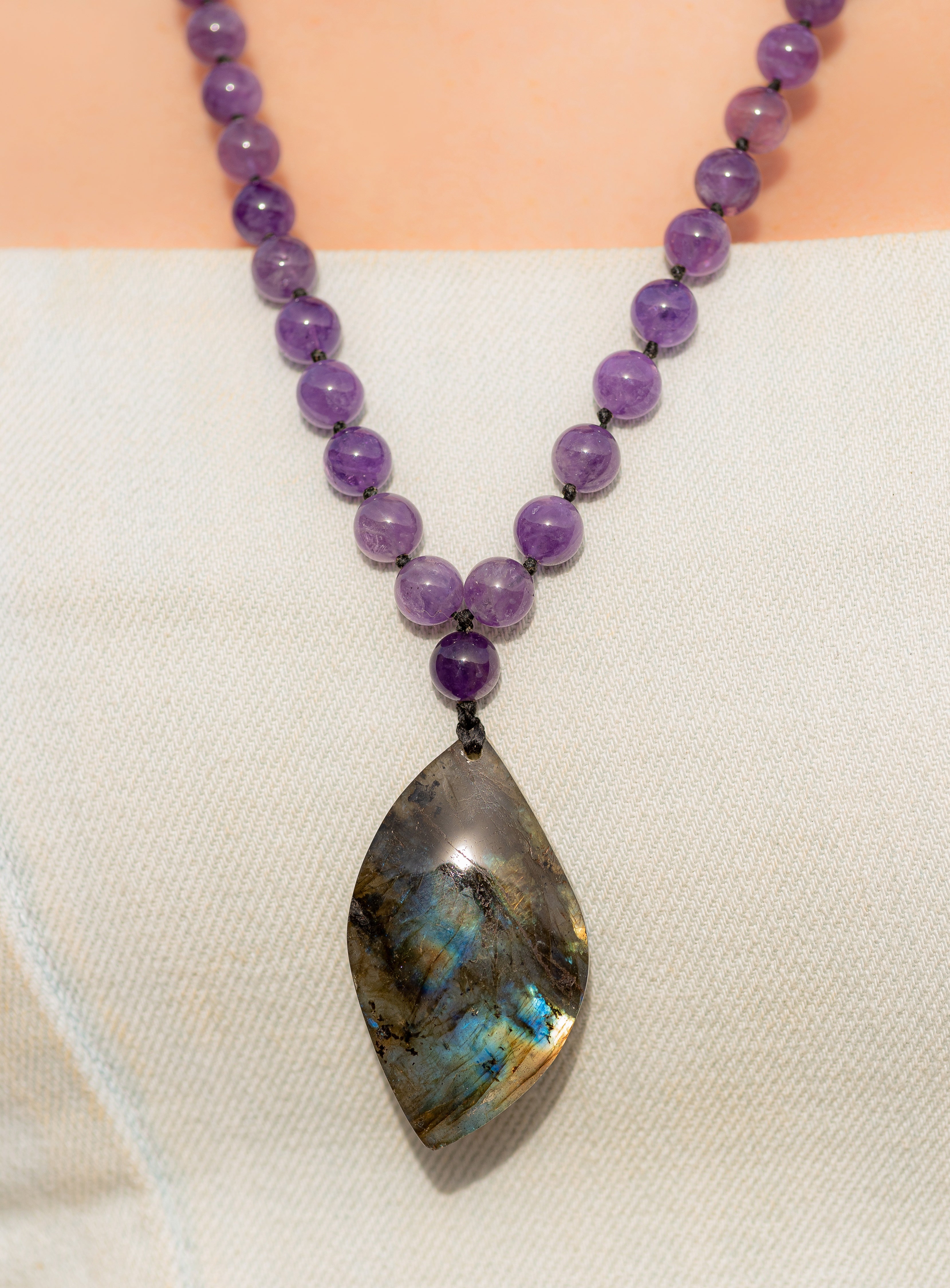 Labradorite pendent with amethyst beads necklace