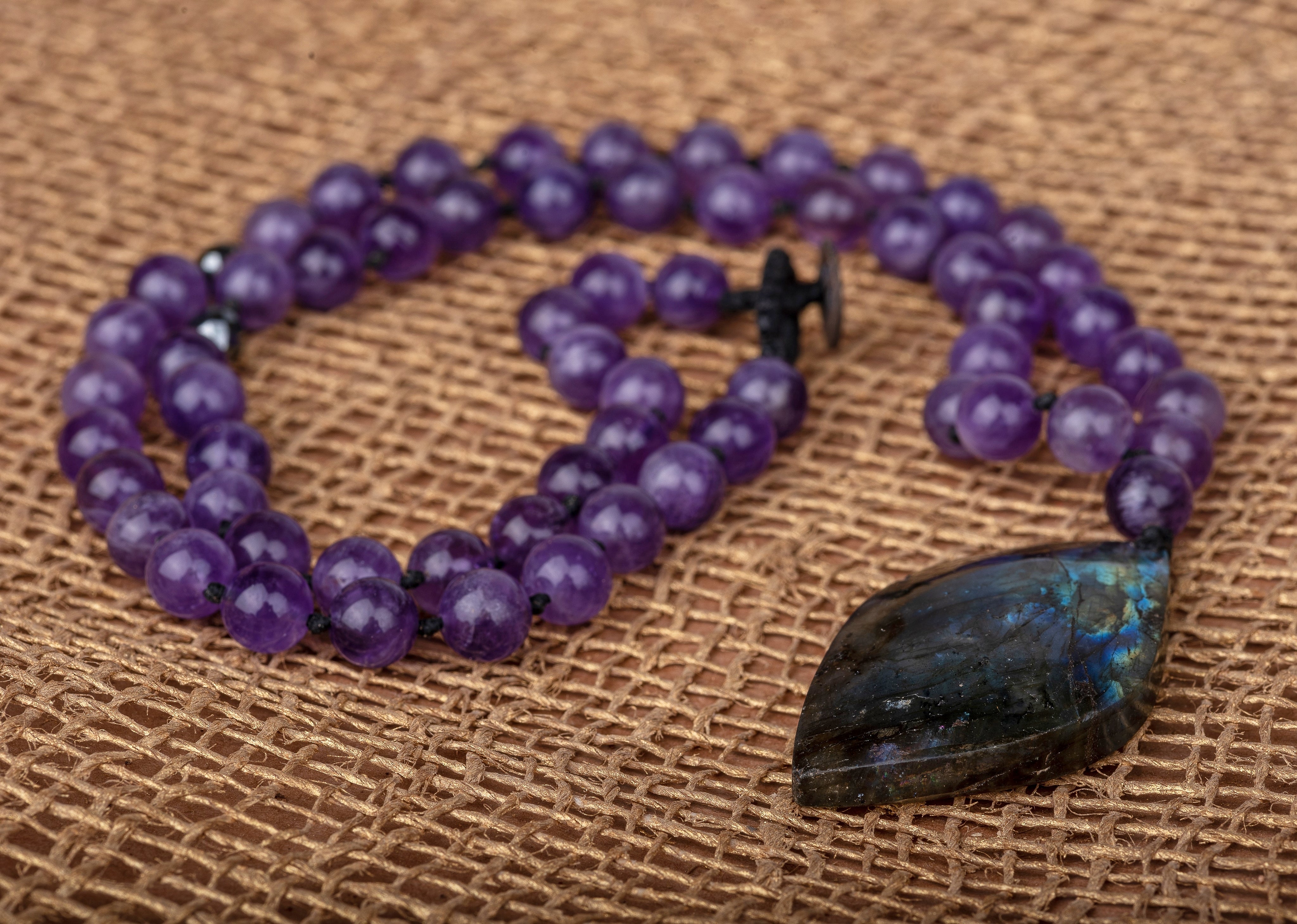 Labradorite pendent with amethyst beads necklace