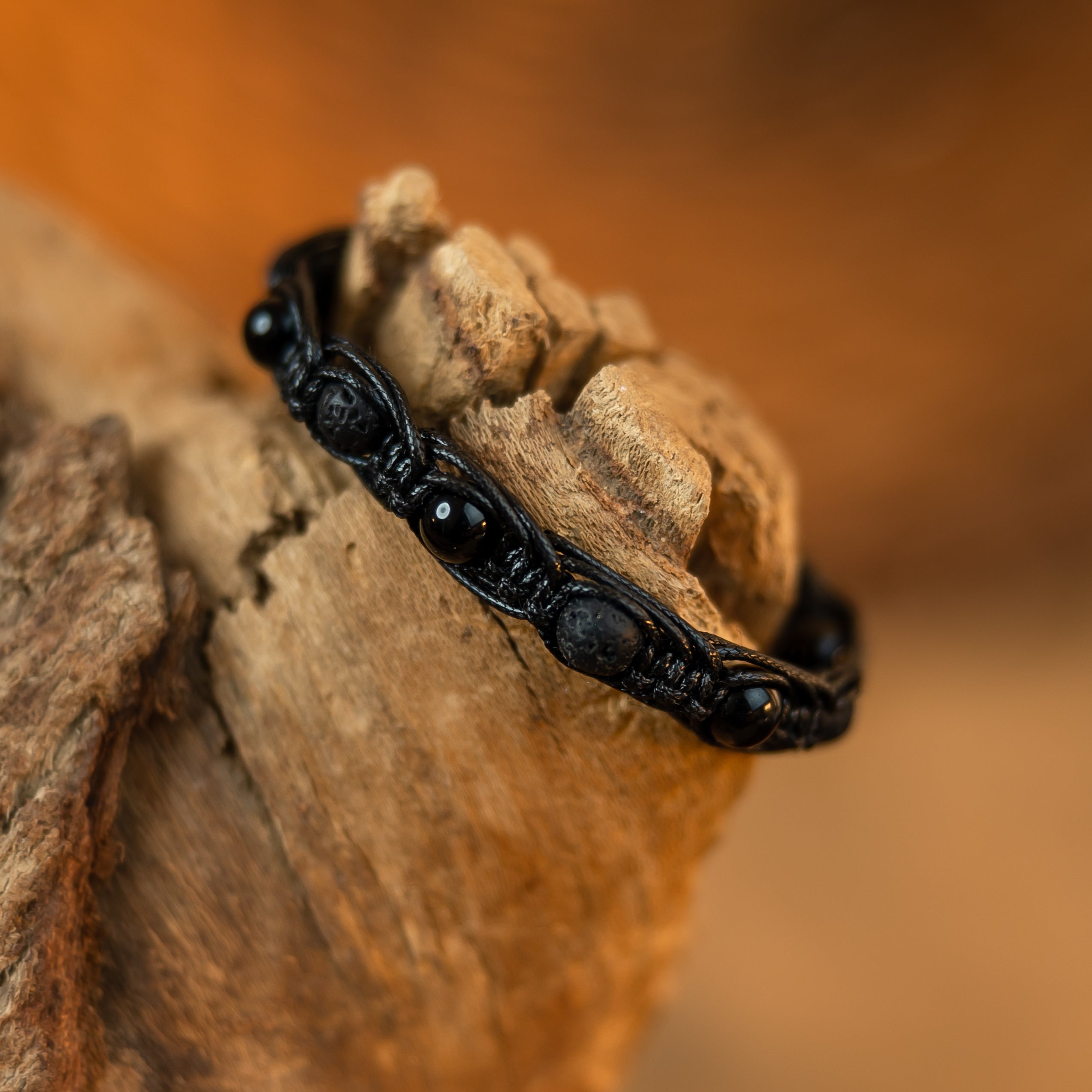 Obsidian and lava macrame bracelet