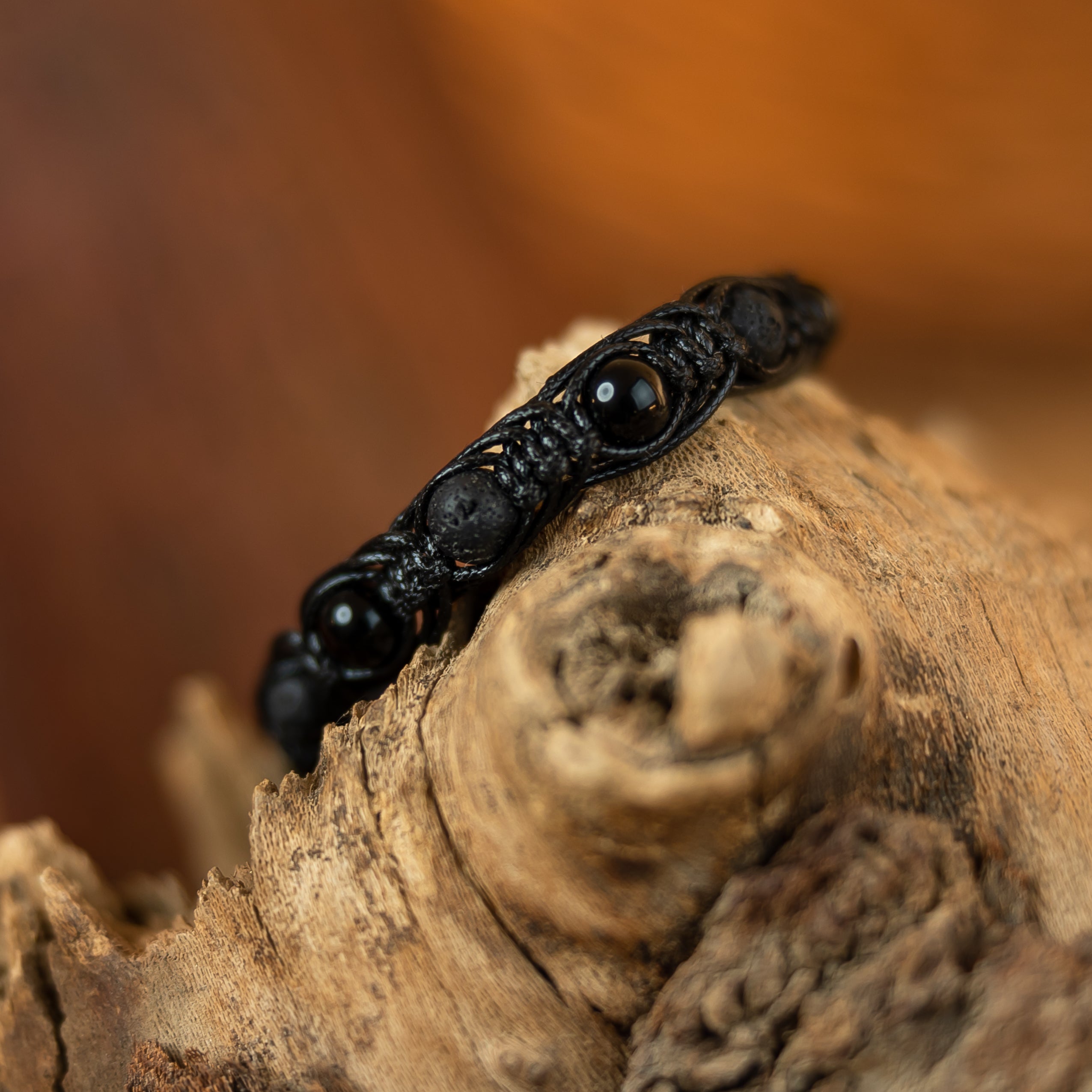 Obsidian and lava macrame bracelet