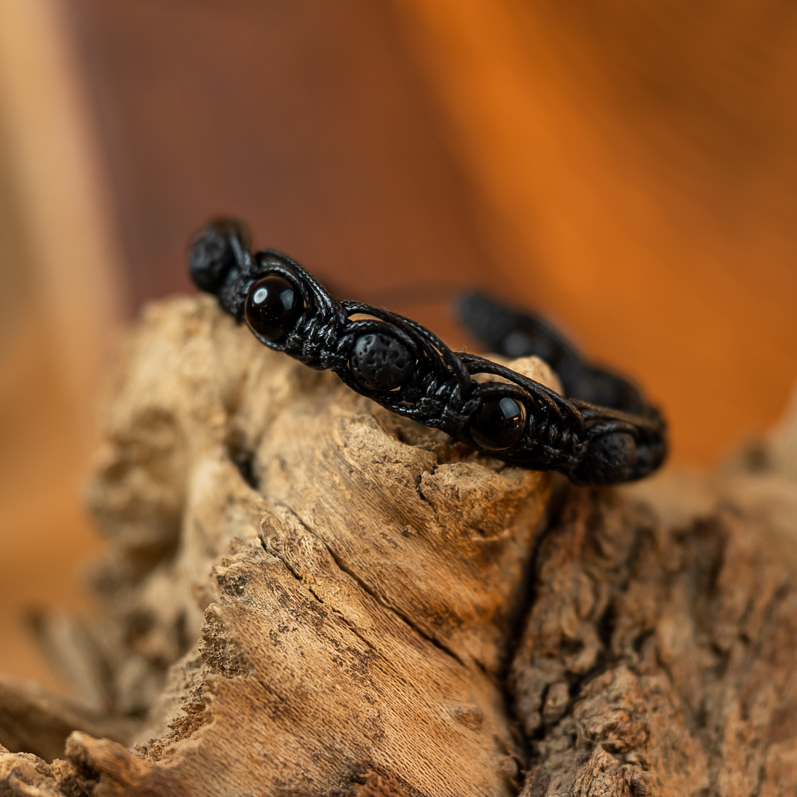 Obsidian and lava macrame bracelet