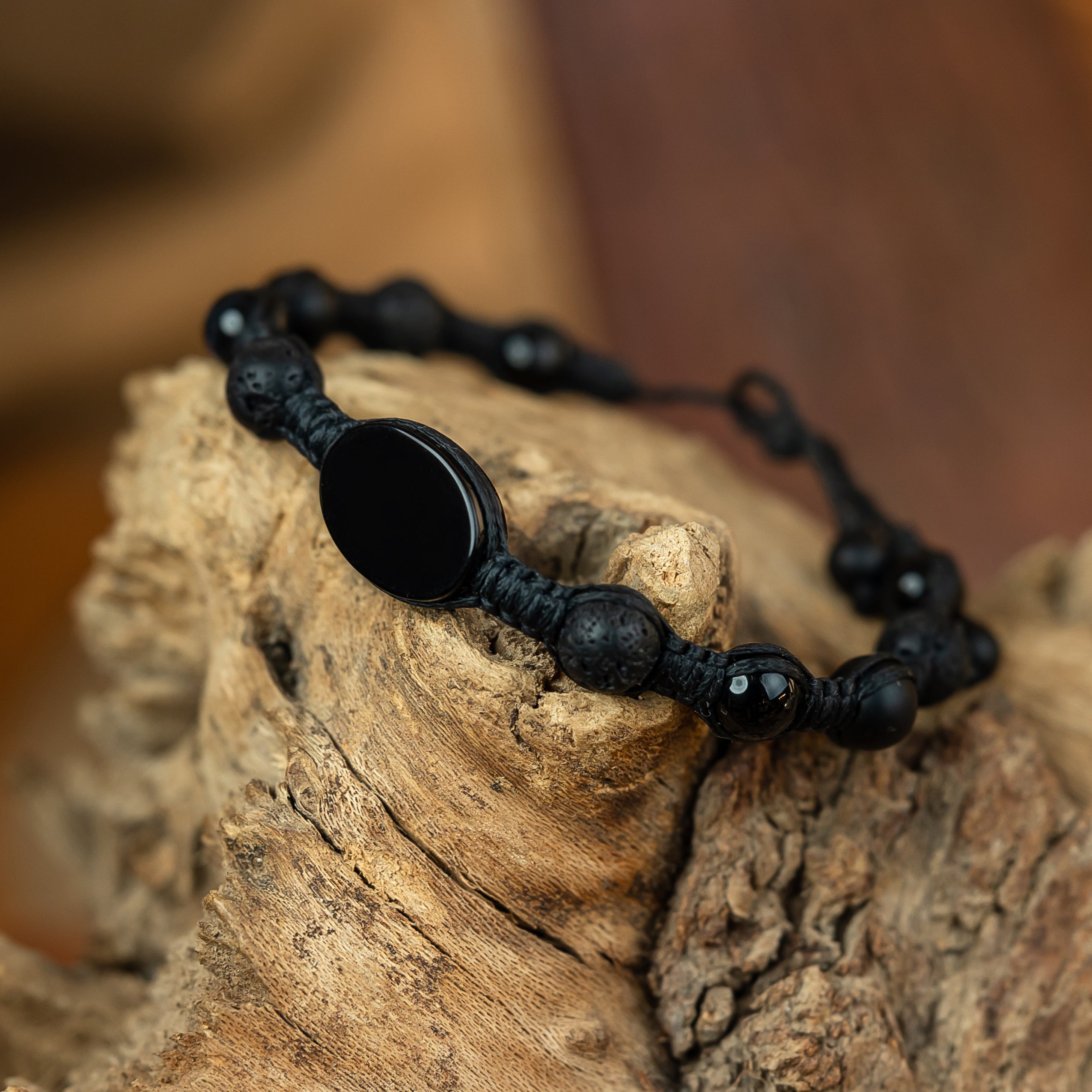 Onyx, obsidian and lava macrame bracelet