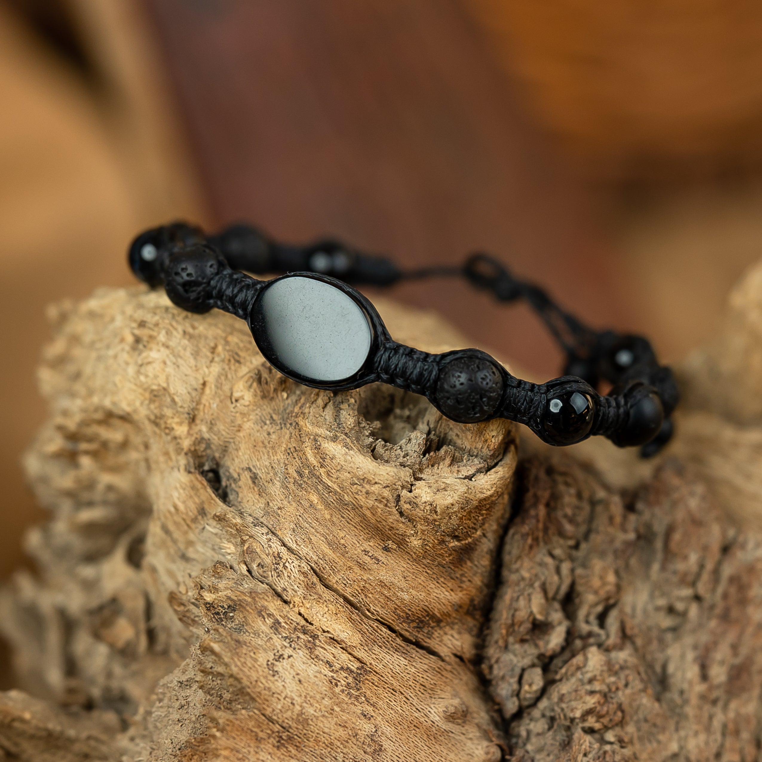 Onyx, obsidian and lava macrame bracelet