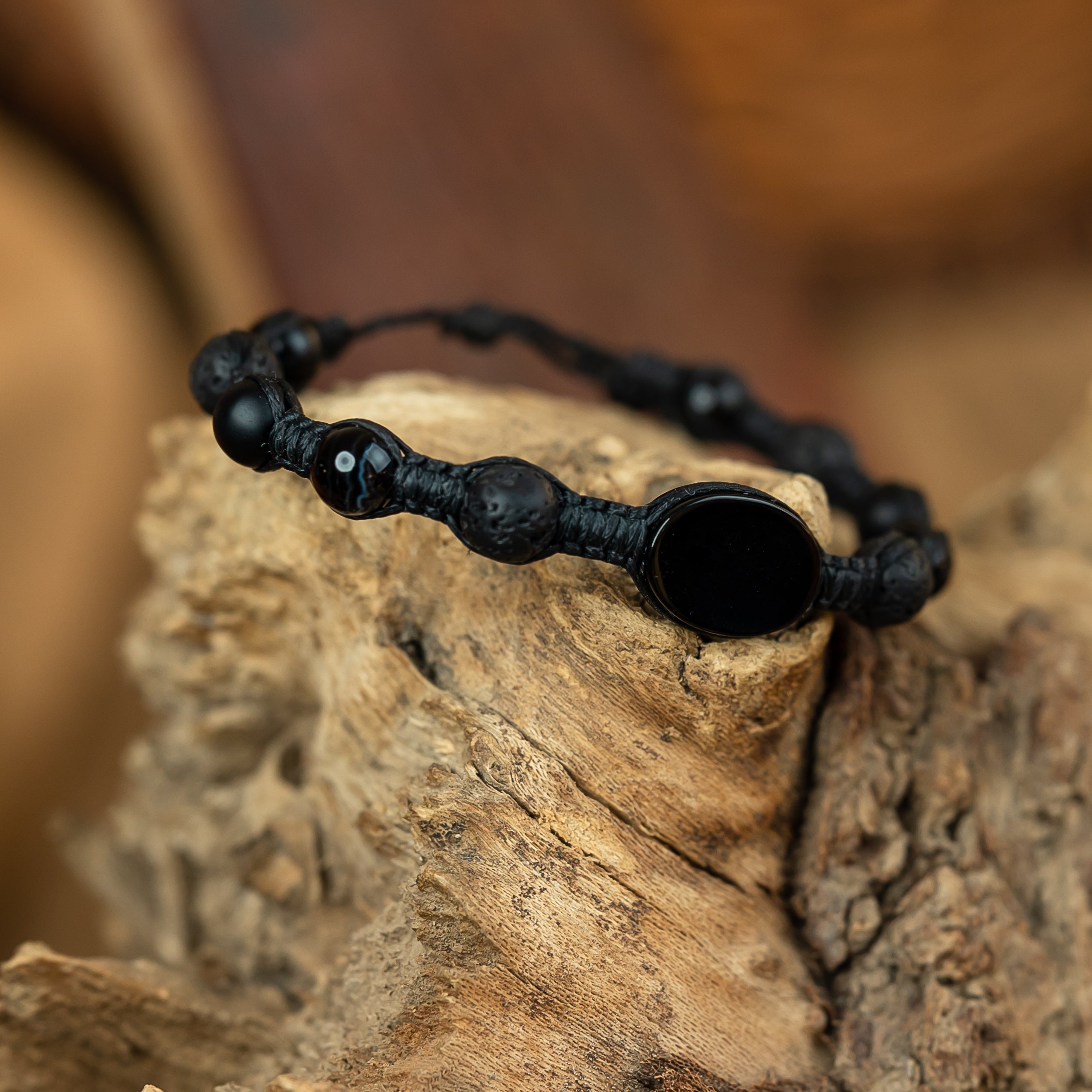 Onyx, obsidian and lava macrame bracelet