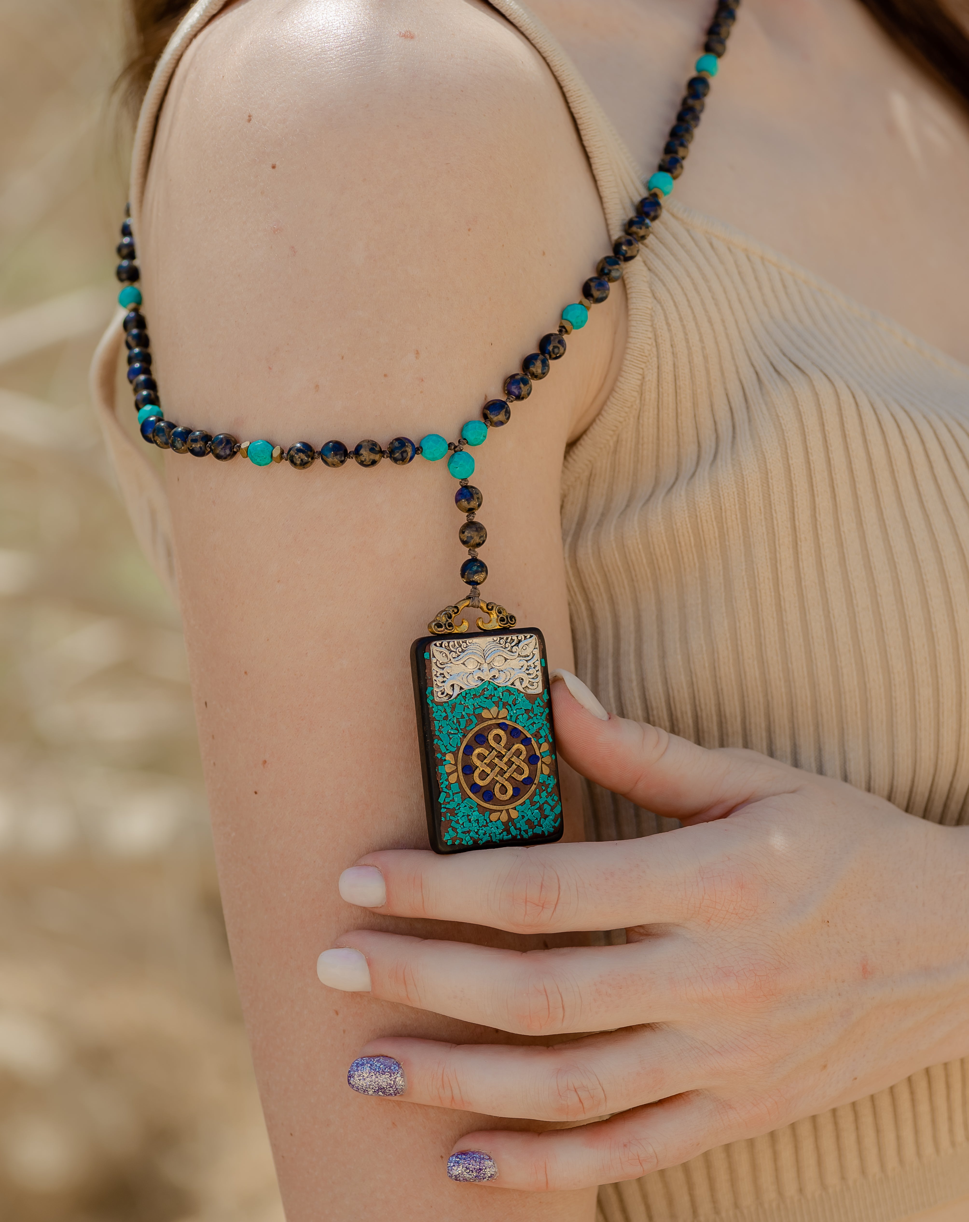 Bohemian Indian pendant with turquoise, hematite and sapphire impression jasper necklace.