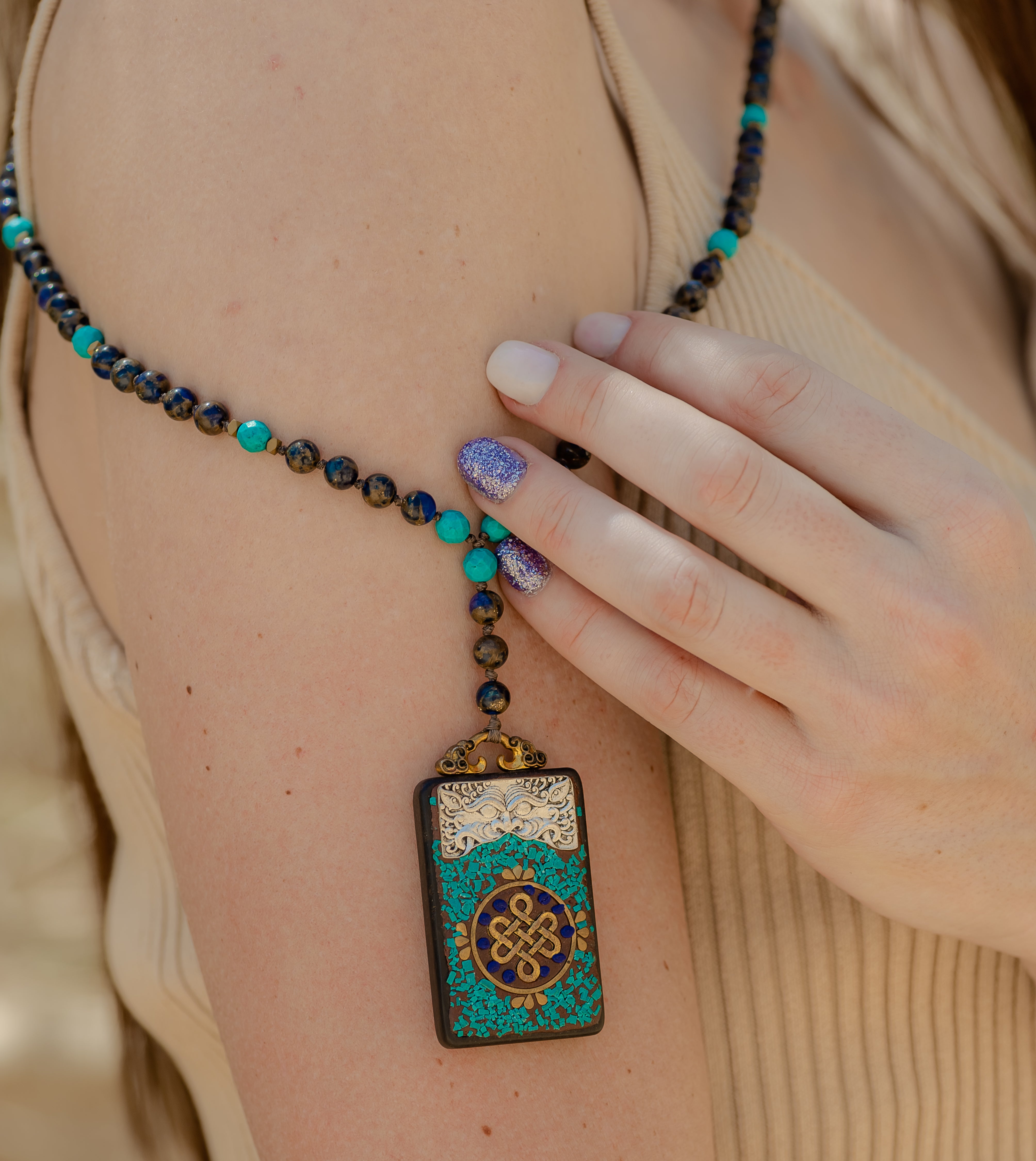 Bohemian Indian pendant with turquoise, hematite and sapphire impression jasper necklace.