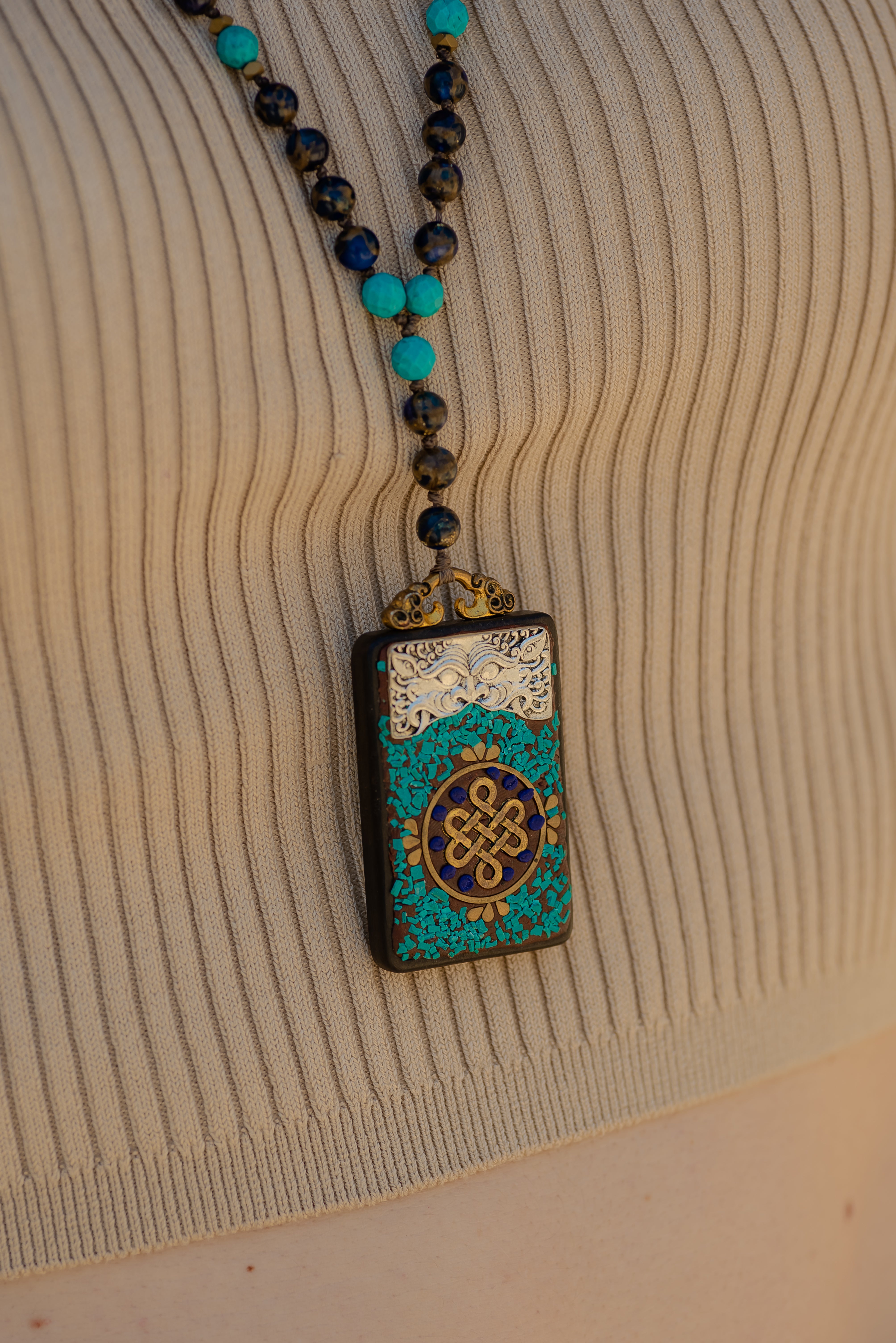 Bohemian Indian pendant with turquoise, hematite and sapphire impression jasper necklace.