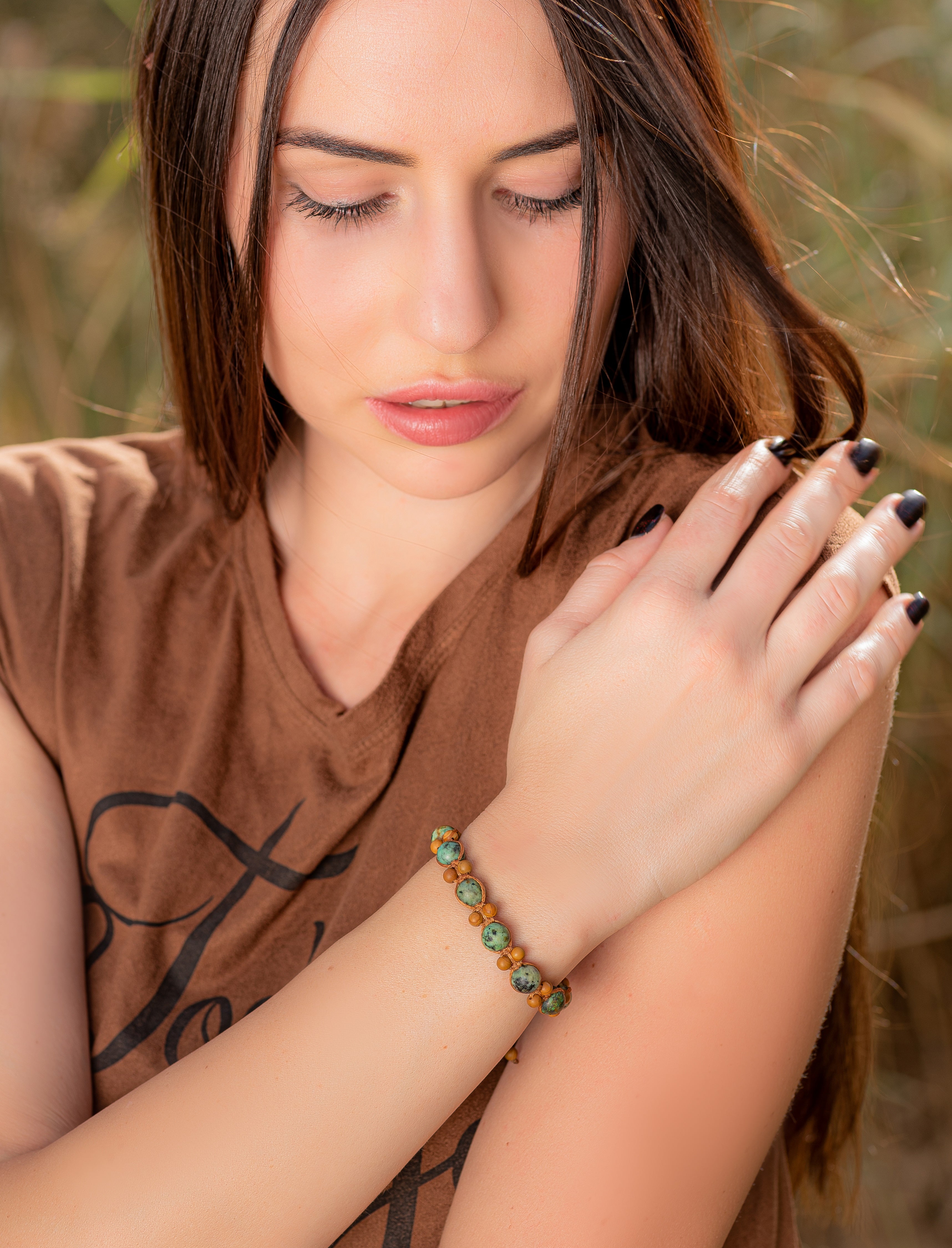 Bracelet African turquoise and tiger jasper knit beaded