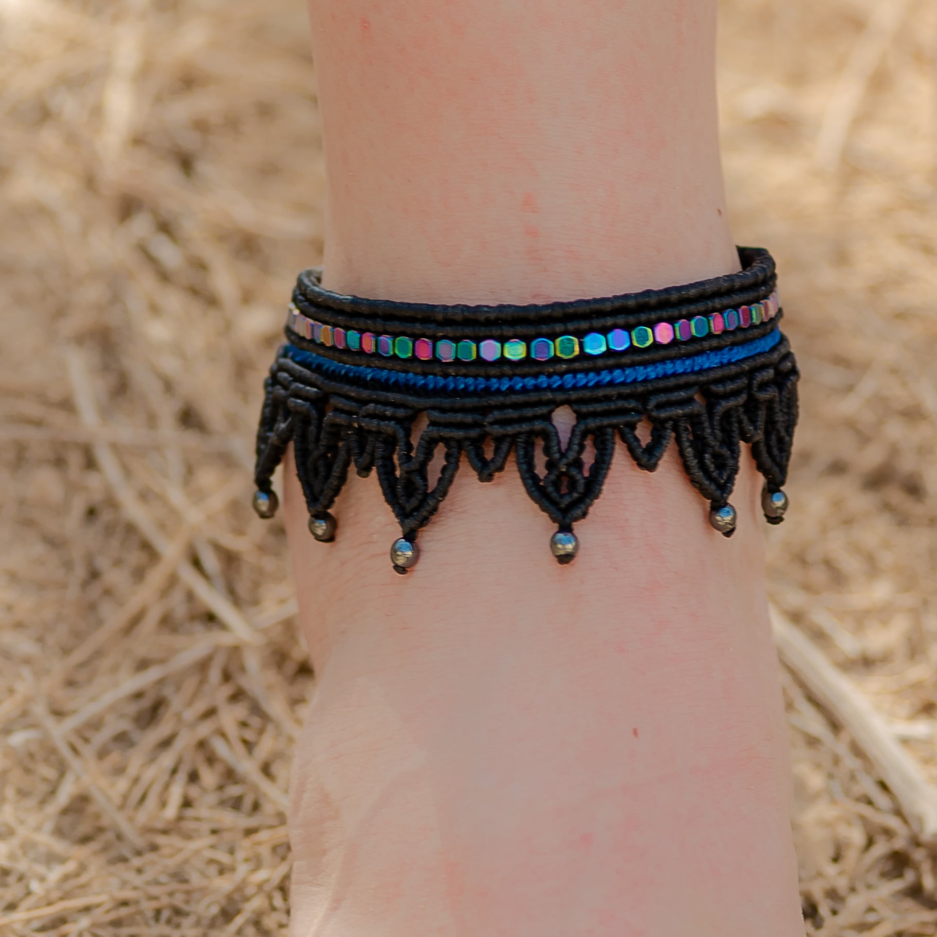 Rainbow ,gray hematite macramé anklet.