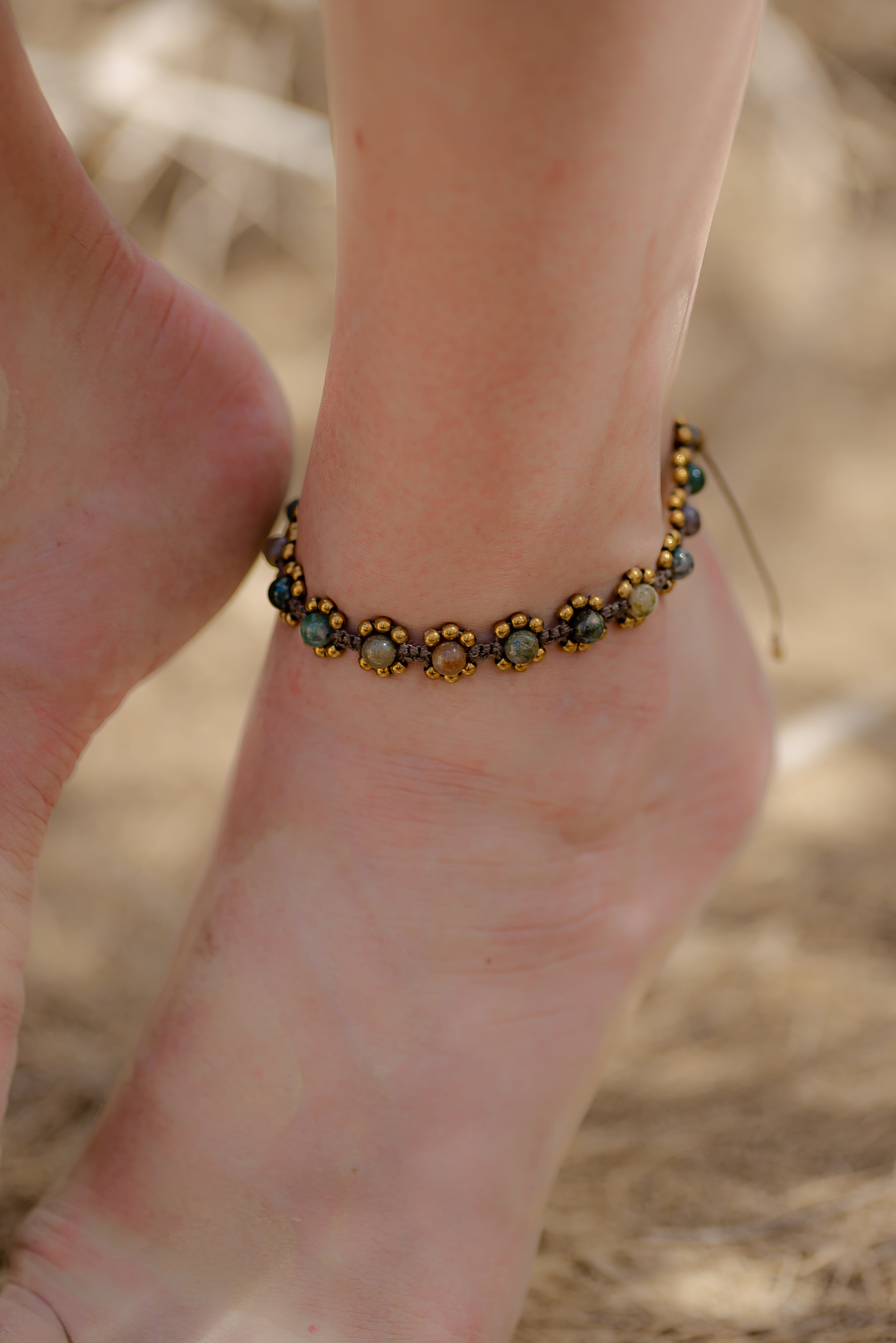 Moss agate with hematite flowers anklet.