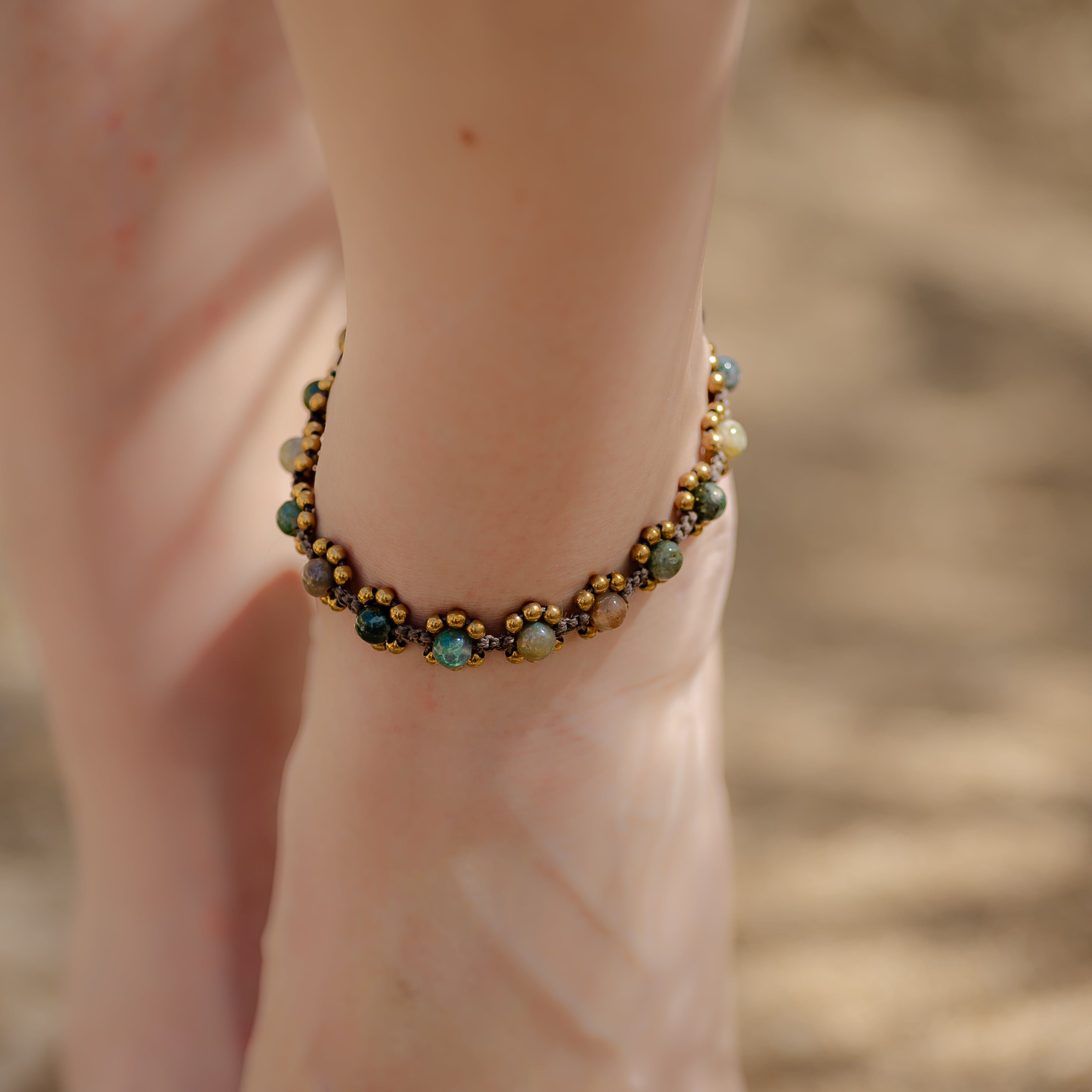 Moss agate with hematite flowers anklet.