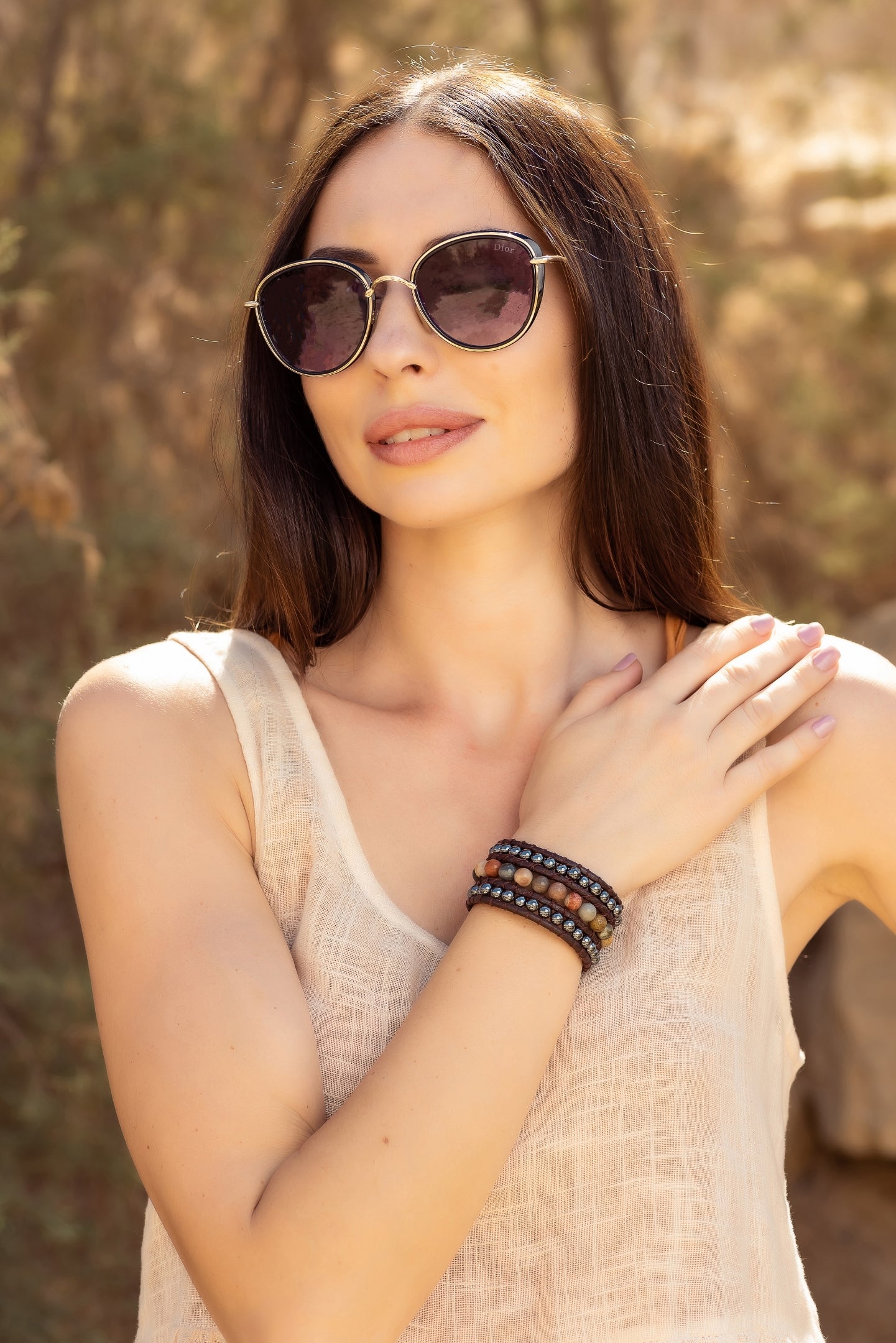 Two rows of hematite and jasper wrapped with l leather bracelet