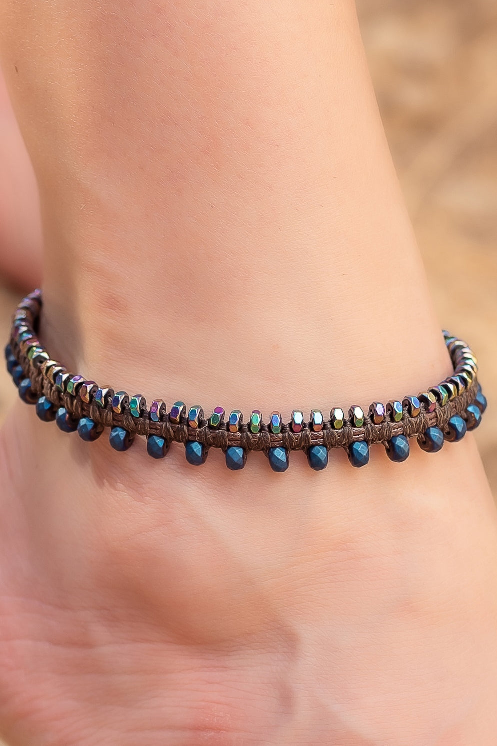 Rainbow and blue hematite macramé with leather anklet