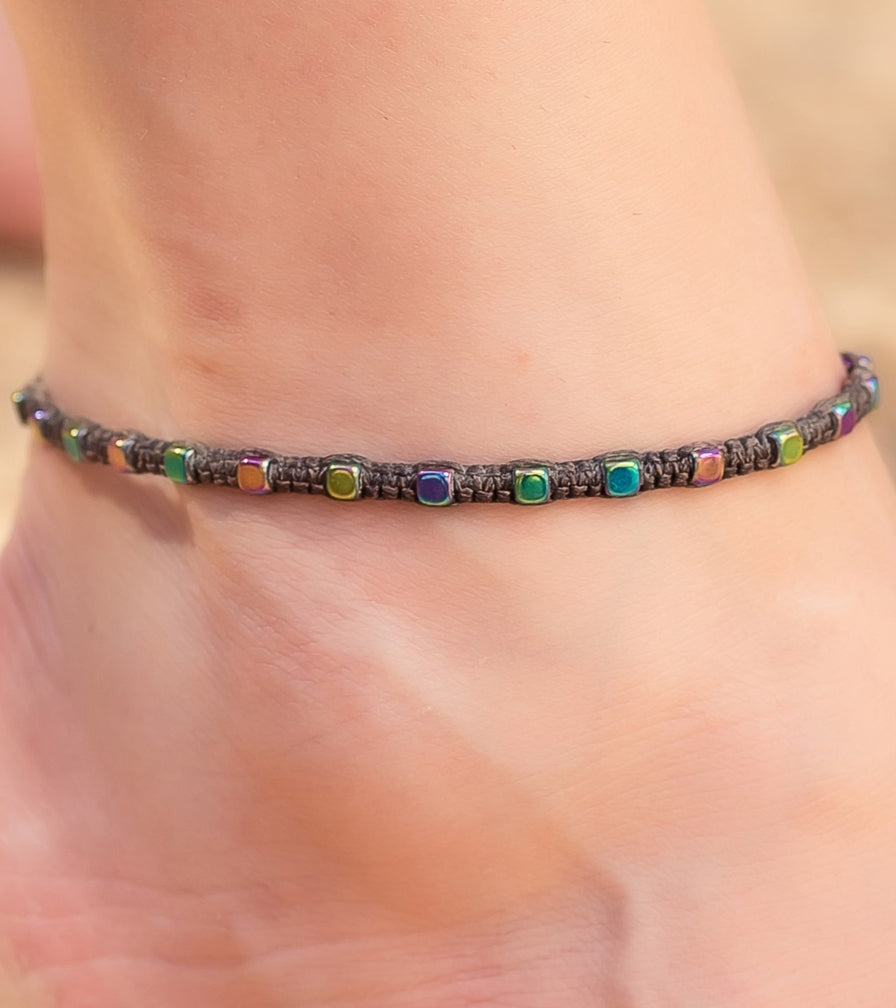 Rainbow hematite macramé ankle.