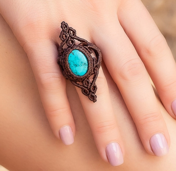 Turquoise macramé ring.